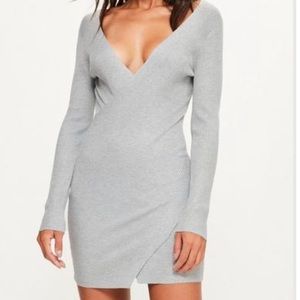Misguided Grey Ribbed Plunge Dress